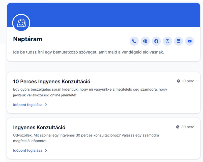 Kész foglalási oldal, azonnal megosztható