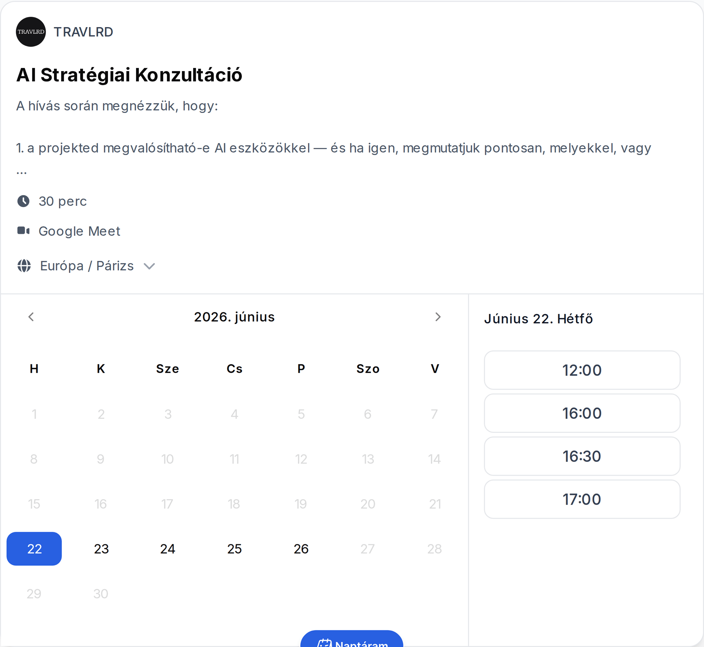 Beágyazható és megosztható foglalási naptár